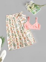 ZAFUL Flower Print Bowknot Midi Skirt Set M Light pink