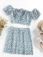 ZAFUL Flower Print Bowknot Slit Keyhole Mini Skirt Set Xl Blue gray