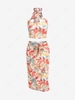 ZAFUL Flower Print Cinched Halter Skirt Set S Light orange