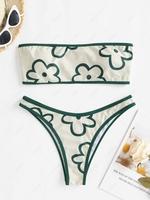 ZAFUL Flower Print Contrast Binding Bandeau Bikini Swimwear S Deep green