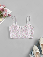 ZAFUL Flower Print Criss Cross Crochet Insert Crop Top M Light purple