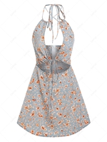 ZAFUL Flower Print Cutout Halter Dress L Light blue