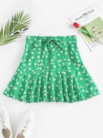 ZAFUL Flower Print Flounce Hem Belted Mini Skirt L Light green