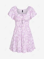 ZAFUL Flower Print Flutter Sleeve Tie Tiered Dress M Light purple