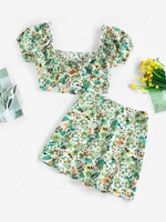 ZAFUL Flower Print Frilled Slit Mini Skirt Set S Light green