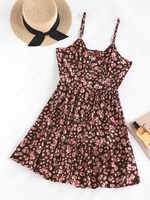 ZAFUL Flower Print Half Button Tiered Dress L Coffee