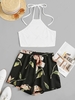 ZAFUL Flower Print Halter Contrast Two Piece Set L White