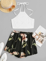 ZAFUL Flower Print Halter Contrast Two Piece Set L White