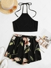 ZAFUL Flower Print Halter Contrast Two Piece Set S Black