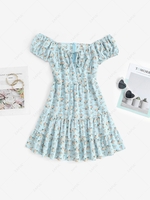 ZAFUL Flower Print Keyhole Off Shoulder Tiered Dress S Light blue