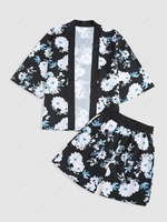 ZAFUL Flower Print Kimono Cardigan Shirt And Shorts Set L Black