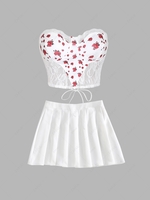 ZAFUL Flower Print Lace Insert Pleated Skirt Set