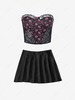 ZAFUL Flower Print Lace Insert Pleated Skirt Set Black