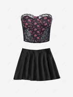ZAFUL Flower Print Lace Insert Pleated Skirt Set Black