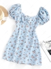 ZAFUL Flower Print Lace Insert Puff Sleeve Ruched Dress L Light blue