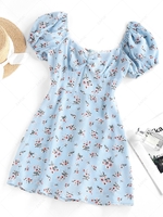ZAFUL Flower Print Lace Insert Puff Sleeve Ruched Dress L Light blue