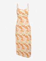 ZAFUL Flower Print Lace Up Cami Maxi Dress L Light orange