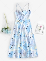 ZAFUL Flower Print Lace Up Midi Sundress L Light blue