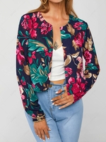 ZAFUL Flower Print Open Front Cropped Jacket M Deep blue