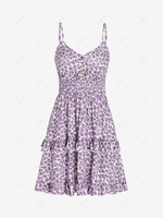 ZAFUL Flower Print Picot Trim Ruffle Smocked Dress L Light purple