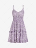 ZAFUL Flower Print Picot Trim Ruffle Smocked Dress S Light purple