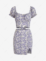 ZAFUL Flower Print Puff Sleeve Slit Mini Skirt Set S Light purple