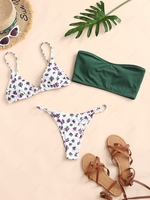 ZAFUL Flower Print Ribbed Low Waisted Three Pieces Bikini Swimwear S Deep green