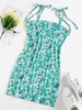 ZAFUL Flower Print Ribbed Tie Shoulder Bodycon Dress S Light green