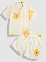 ZAFUL Flower Print Shirt And Shorts Two Piece Set S Yellow