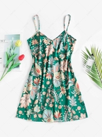 ZAFUL Flower Print Slit Cami Mini Dress M Deep green