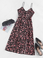 ZAFUL Flower Print Slit Empire Waist Dress S Black