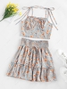 ZAFUL Flower Print Smocked Bowknot Ruffle Skirt Set M Light blue