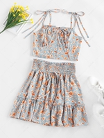 ZAFUL Flower Print Smocked Bowknot Ruffle Skirt Set M Light blue