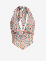 ZAFUL Flower Print Smocked Halter Scarf Hem Tank Top M Blue