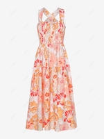 ZAFUL Flower Print Smocked Ruffle Criss Cross Midi Dress S Light orange
