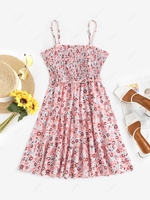 ZAFUL Flower Print Smocked Tiered Dress M Light pink