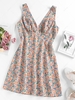ZAFUL Flower Print Surplice Mini Dress S Blue