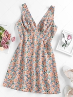 ZAFUL Flower Print Surplice Mini Dress S Blue