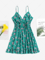 ZAFUL Flower Print Tie Back Ruffle Hem Dress L Light green