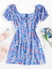 ZAFUL Flower Print Twisted Slit Puff Sleeve Dress L Blue