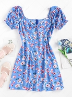 ZAFUL Flower Print Twisted Slit Puff Sleeve Dress L Blue