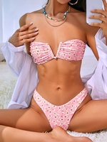 ZAFUL Flower Print V Wired Ruched High Leg Bikini Swimwear L Light pink