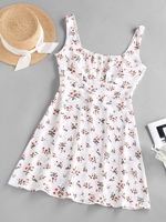 ZAFUL Flower Ruched Bust Empire Waist Dress M White