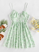ZAFUL Flower Ruffle Belted Cupped Dress M Light green