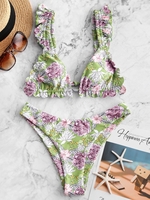 ZAFUL Flower Ruffle High Leg Bikini Swimsuit M Multi b