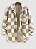 ZAFUL Fluffy Faux Shearling Checkerboard Pattern Button Up Jacket S Coffee
