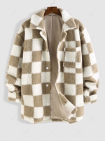 ZAFUL Fluffy Faux Shearling Checkerboard Pattern Button Up Jacket Xl Coffee