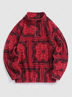 ZAFUL Fluffy Fleece Ethnic Printed Quater Zip Mock Neck Sweatshirt Xl Red