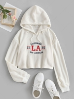 ZAFUL Fluffy Polar Fleece Letter Embroidered Crop Hoodie S White