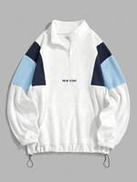 ZAFUL Fluffy Polar Fleece NEW YORK Embroidery Colorblock Half Zip Sweatshirt Xxl Blue